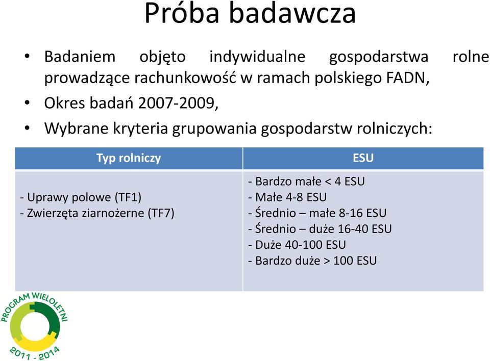 rolniczy - Uprawy polowe (TF1) - Zwierzęta ziarnożerne (TF7) ESU - Bardzo małe < 4 ESU - Małe