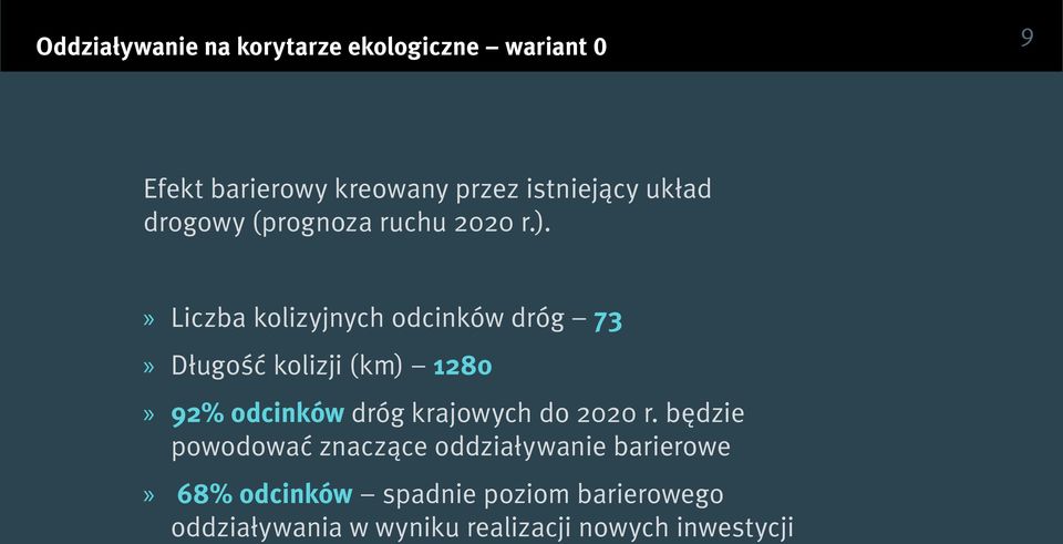 Liczba kolizyjnych odcinków dróg 73 Długość kolizji (km) 1280»92%» odcinków dróg krajowych do