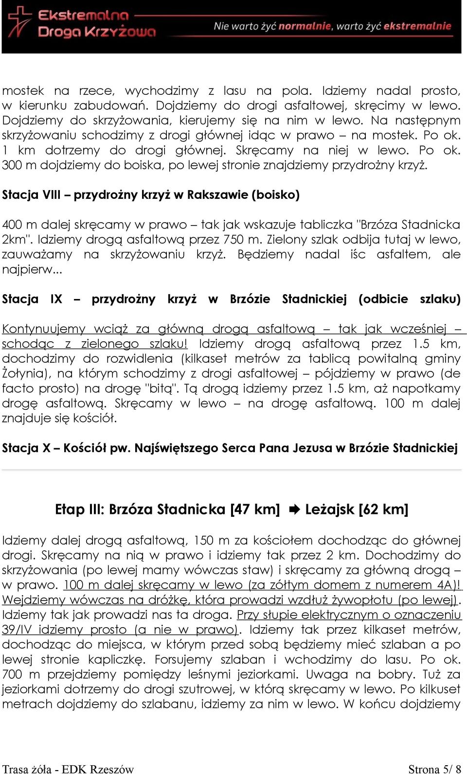 Stacja VIII przydrożny krzyż w Rakszawie (boisko) 400 m dalej skręcamy w prawo tak jak wskazuje tabliczka "Brzóza Stadnicka 2km". Idziemy drogą asfaltową przez 750 m.