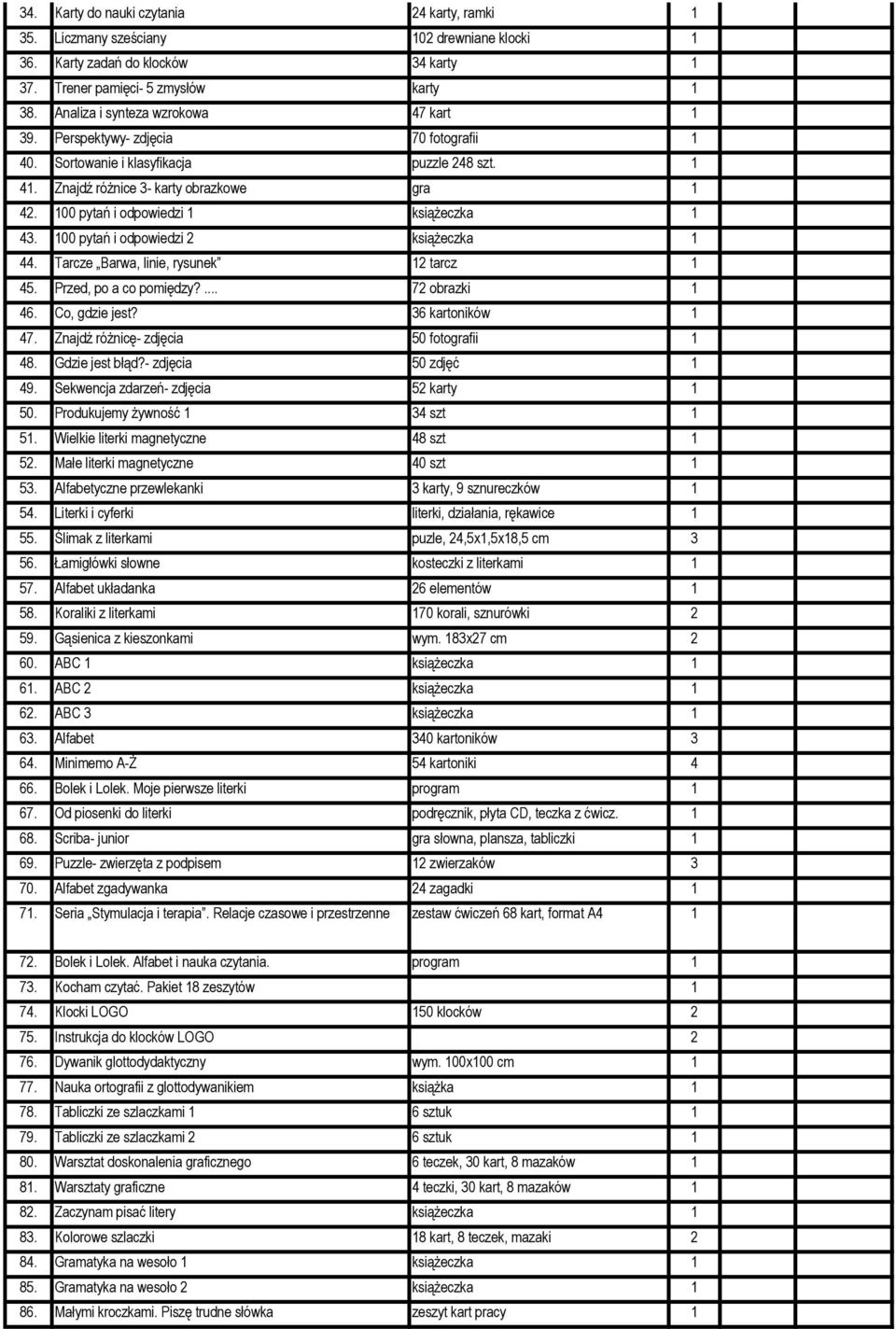 00 pytań i odpowiedzi książeczka 43. 00 pytań i odpowiedzi 2 książeczka 44. Tarcze Barwa, linie, rysunek 2 tarcz 45. Przed, po a co pomiędzy?... 72 obrazki 46. Co, gdzie jest? 36 kartoników 47.