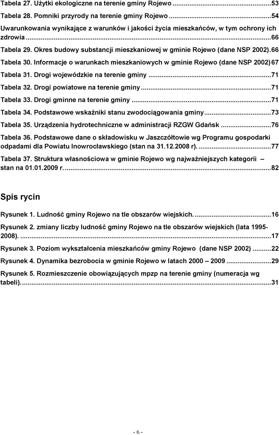Informacje o warunkach mieszkaniowych w gminie Rojewo (dane NSP 2002) 67 Tabela 31. Drogi wojewódzkie na terenie gminy... 71 Tabela 32. Drogi powiatowe na terenie gminy... 71 Tabela 33.