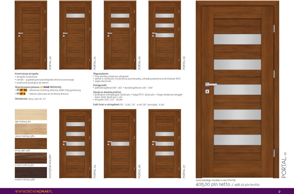 dąb bielony 3d jesion bielony ryfla złoty dąb ryfla orzech srebrny 3d orzech ciemny ryfla DOSTĘPNE KOLORY PORTAL 01 PORTAL 04 PORTAL 02 Wyposażenie: trzy zawiasy czopowe wkręcane zamek o rozstawie
