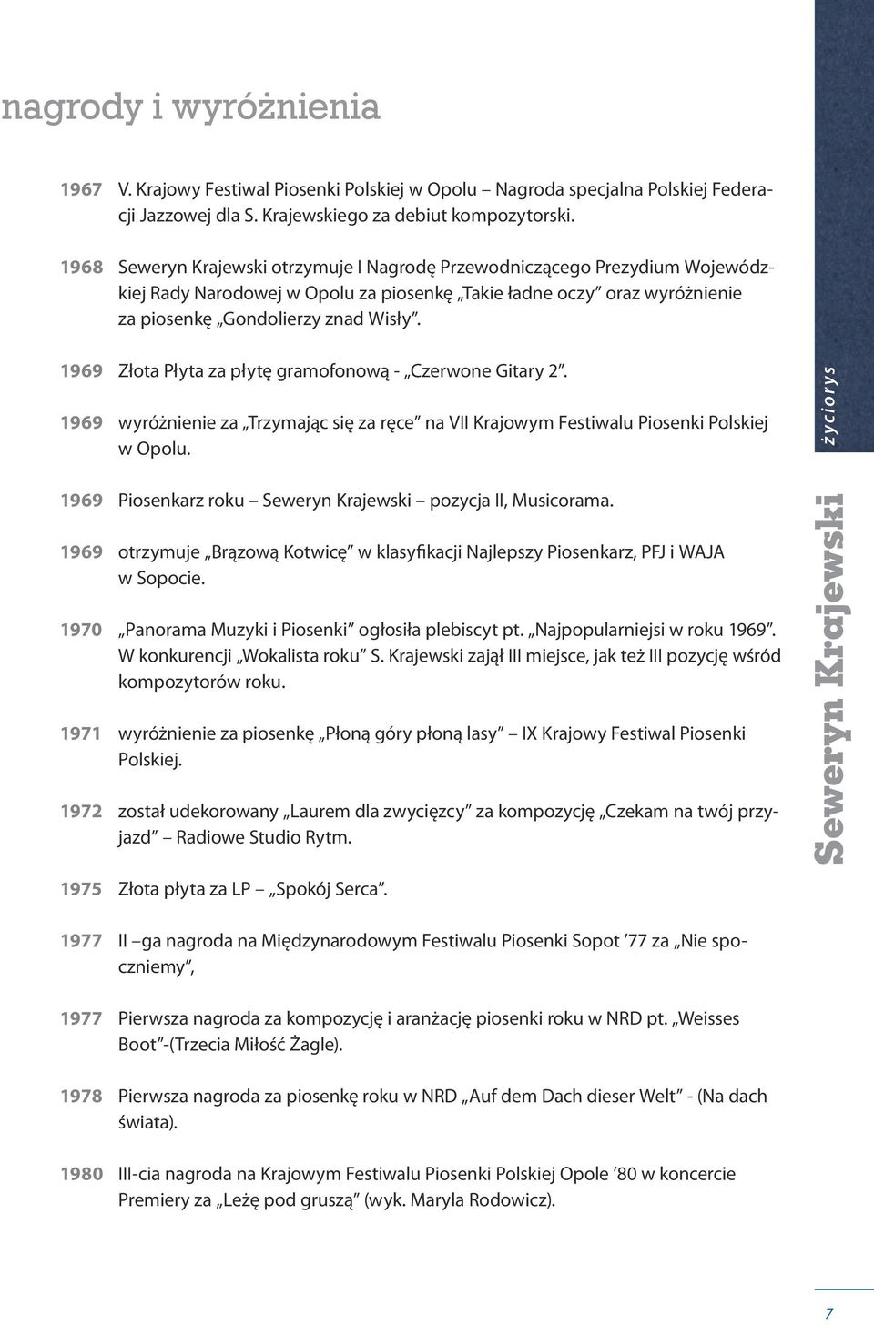 1969 Złota Płyta za płytę gramofonową - Czerwone Gitary 2. 1969 wyróżnienie za Trzymając się za ręce na VII Krajowym Festiwalu Piosenki Polskiej w Opolu. 1969 Piosenkarz roku pozycja II, Musicorama.