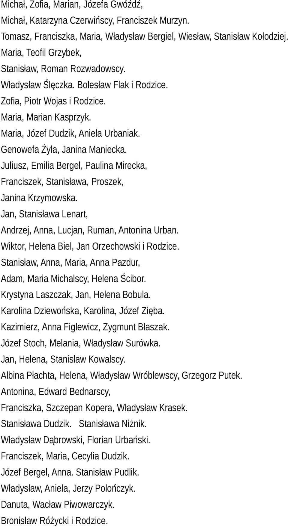 Genowefa Żyła, Janina Maniecka. Juliusz, Emilia Bergel, Paulina Mirecka, Franciszek, Stanisława, Proszek, Janina Krzymowska. Jan, Stanisława Lenart, Andrzej, Anna, Lucjan, Ruman, Antonina Urban.