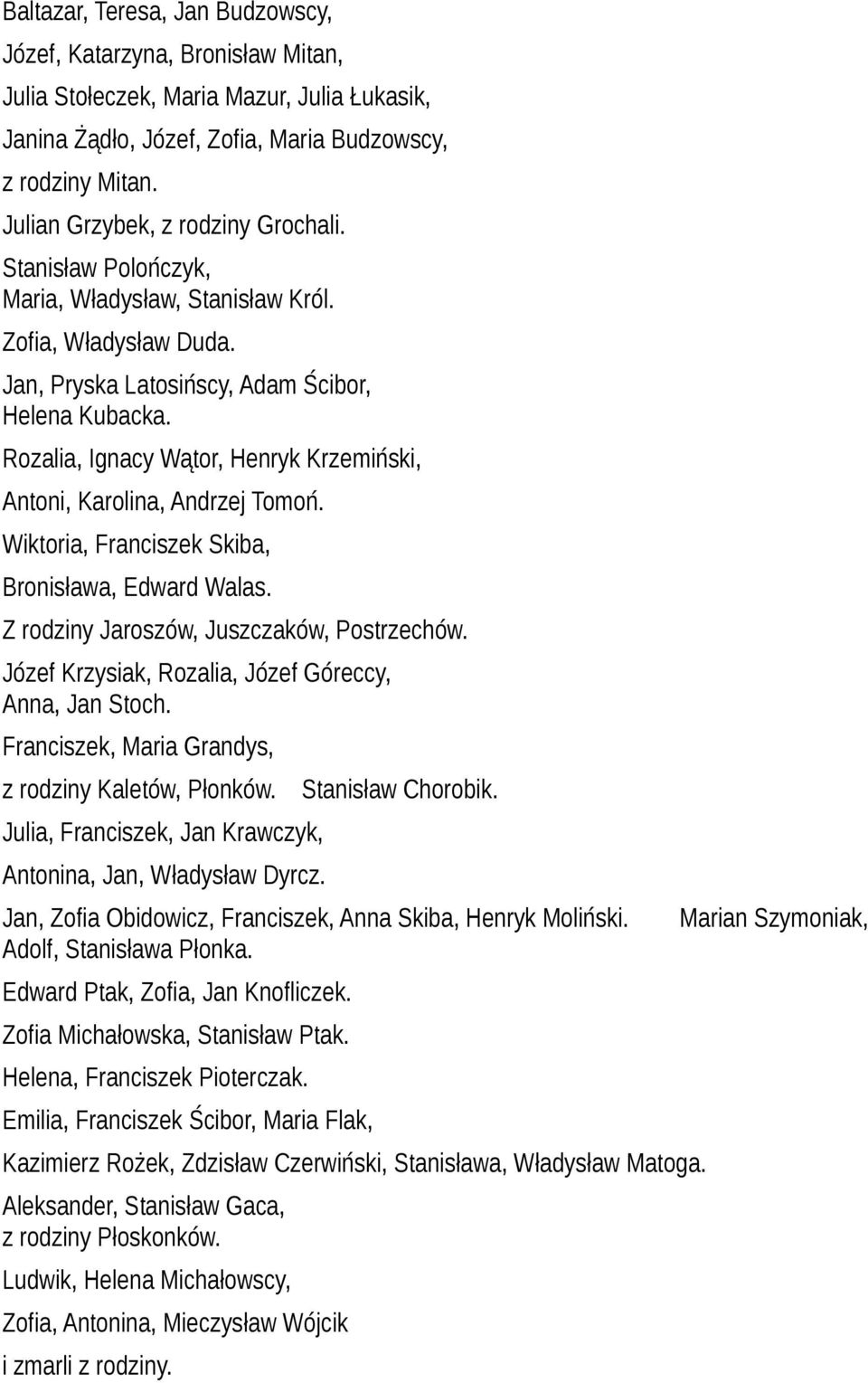 Rozalia, Ignacy Wątor, Henryk Krzemiński, Antoni, Karolina, Andrzej Tomoń. Wiktoria, Franciszek Skiba, Bronisława, Edward Walas. Z rodziny Jaroszów, Juszczaków, Postrzechów.