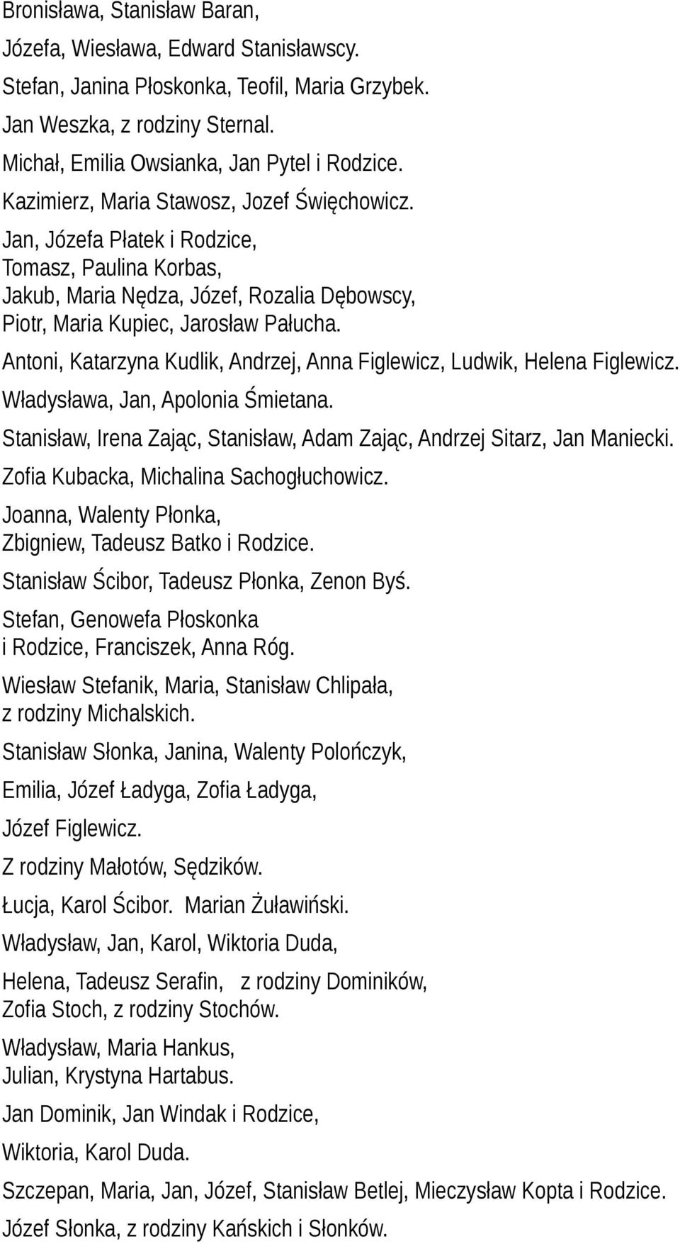Antoni, Katarzyna Kudlik, Andrzej, Anna Figlewicz, Ludwik, Helena Figlewicz. Władysława, Jan, Apolonia Śmietana. Stanisław, Irena Zając, Stanisław, Adam Zając, Andrzej Sitarz, Jan Maniecki.