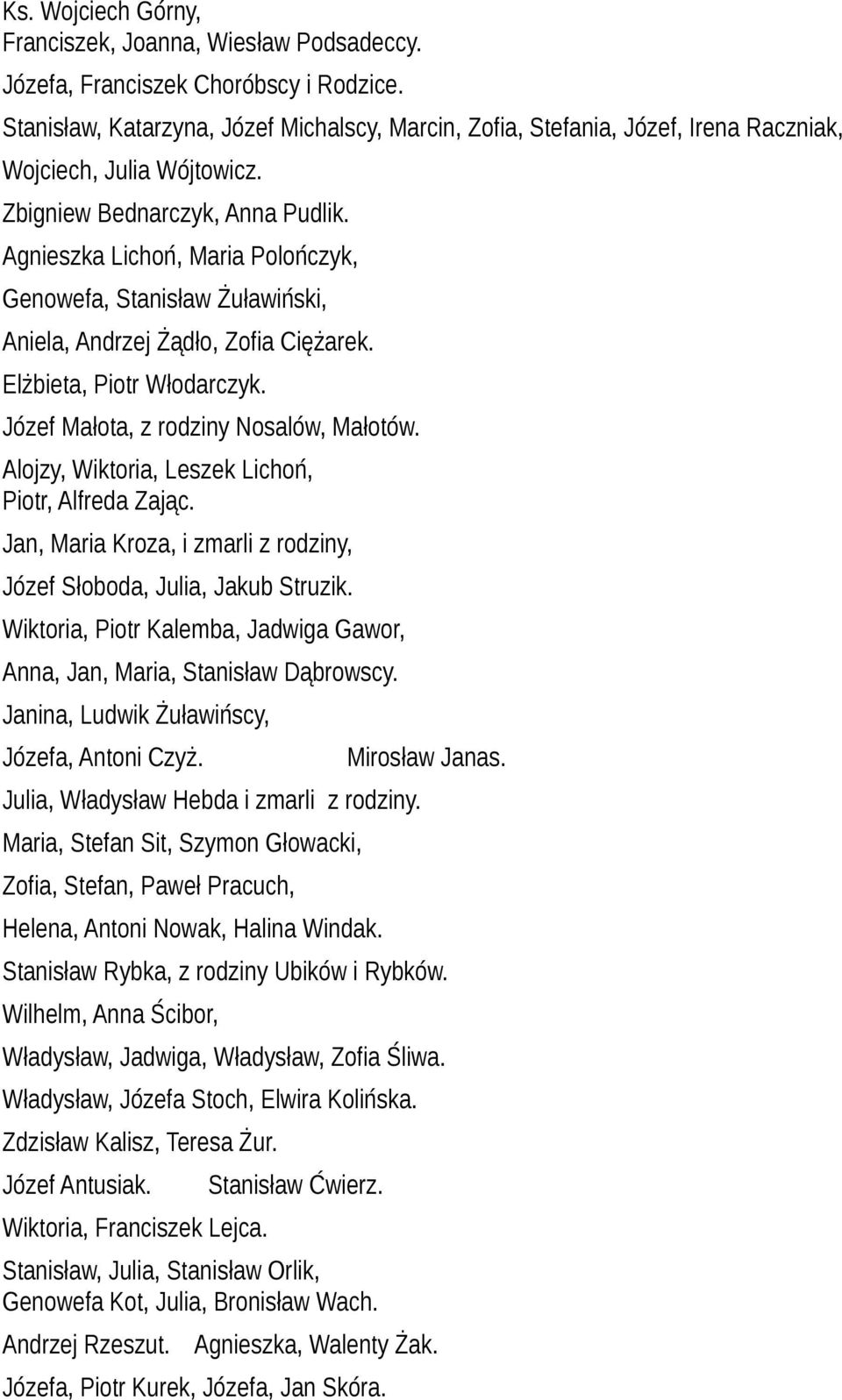 Agnieszka Lichoń, Maria Polończyk, Genowefa, Stanisław Żuławiński, Aniela, Andrzej Żądło, Zofia Ciężarek. Elżbieta, Piotr Włodarczyk. Józef Małota, z rodziny Nosalów, Małotów.