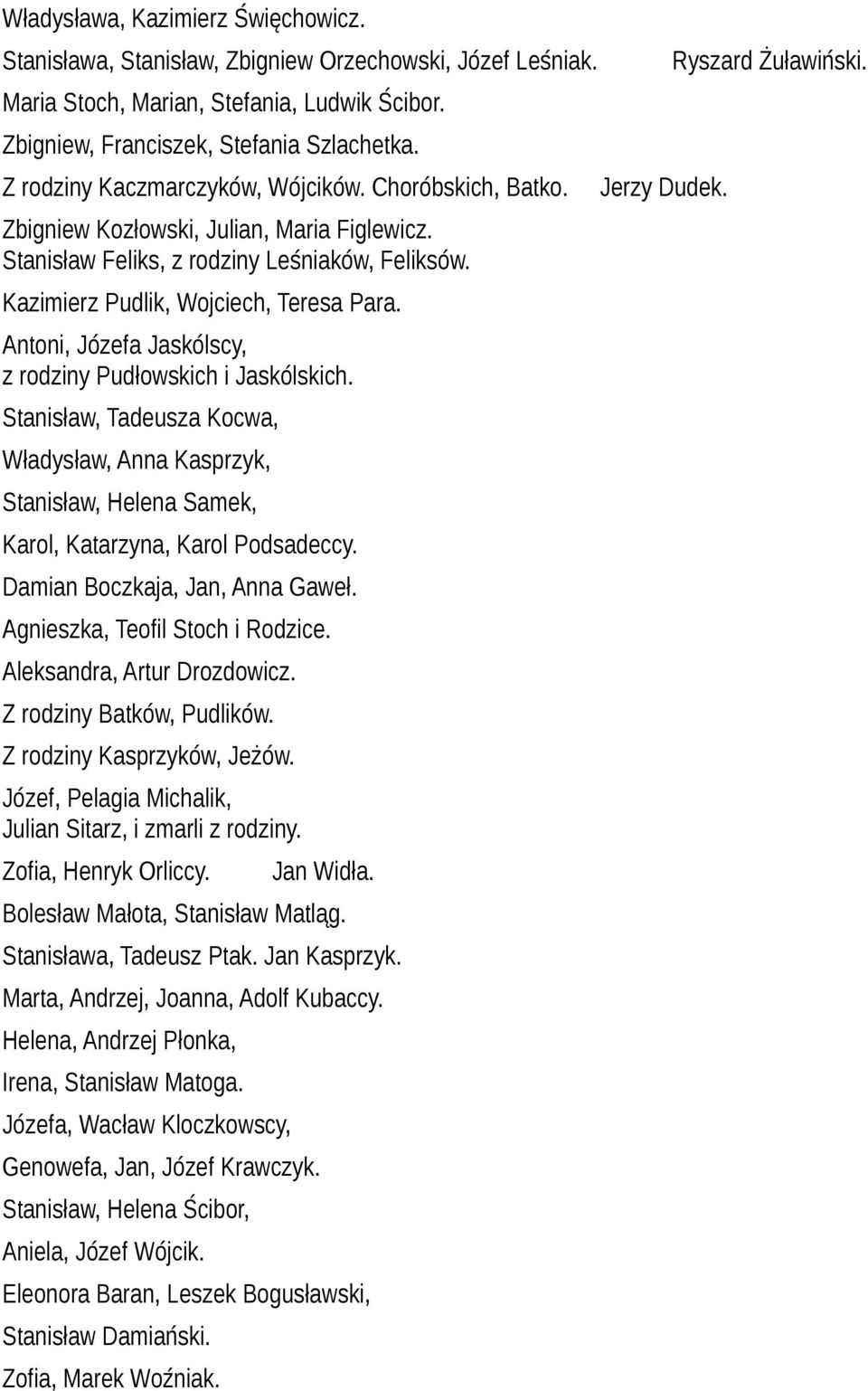 Antoni, Józefa Jaskólscy, z rodziny Pudłowskich i Jaskólskich. Stanisław, Tadeusza Kocwa, Władysław, Anna Kasprzyk, Stanisław, Helena Samek, Karol, Katarzyna, Karol Podsadeccy.