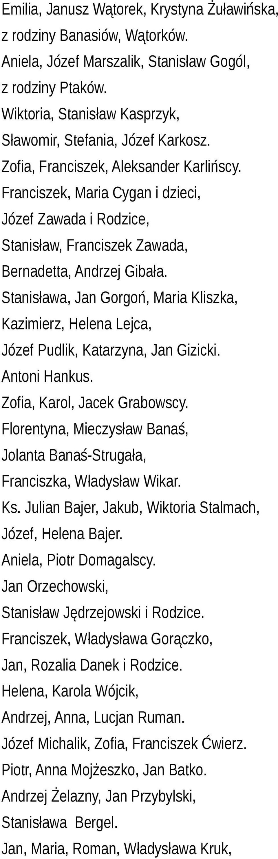 Stanisława, Jan Gorgoń, Maria Kliszka, Kazimierz, Helena Lejca, Józef Pudlik, Katarzyna, Jan Gizicki. Antoni Hankus. Zofia, Karol, Jacek Grabowscy.