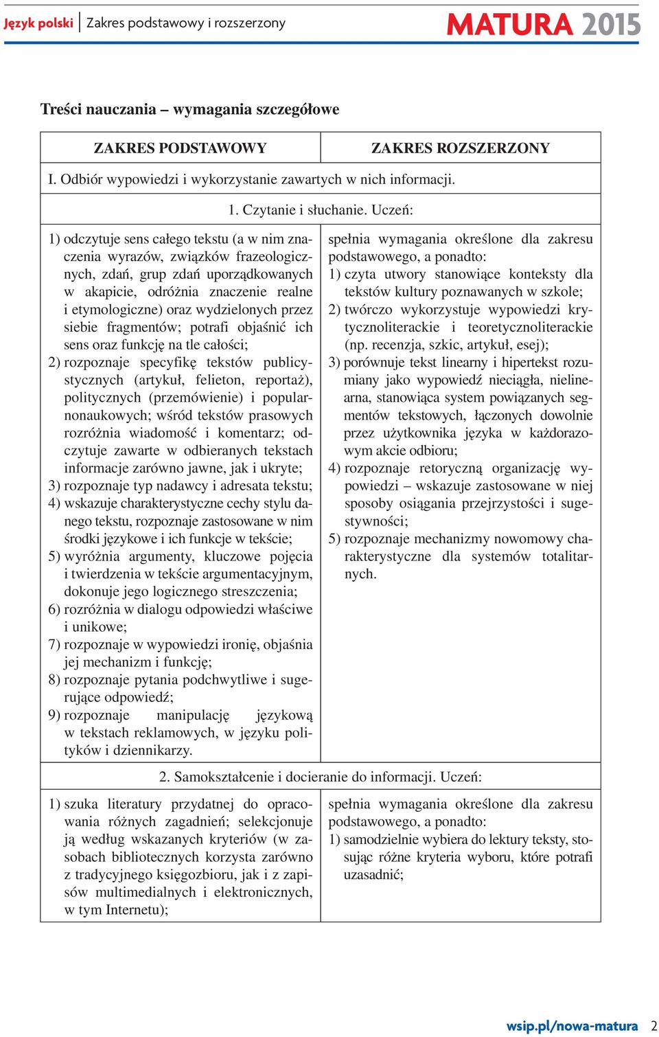 siebie fragmentów; potrafi objaśnić ich sens oraz funkcję na tle całości; 2) rozpoznaje specyfikę tekstów publicystycznych (artykuł, felieton, reportaż), politycznych (przemówienie) i