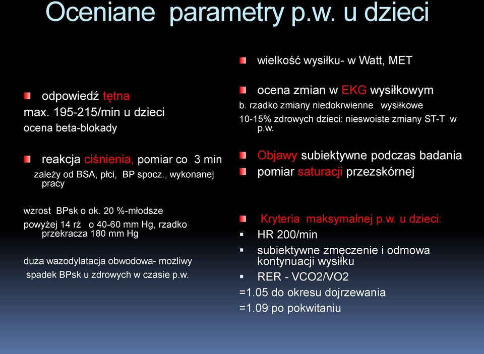 rzadko zmiany niedokrwienne wysiłkowe 10-15% zdrowych dzieci: nieswoiste zmiany ST-T w p.w. Objawy subiektywne podczas badania pomiar saturacji przezskórnej wzrost BPsk o ok.