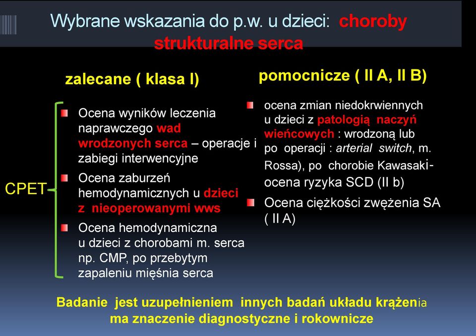 u dzieci: choroby strukturalne serca zalecane ( klasa I) pomocnicze ( II A, II B) CPET Ocena wyników leczenia naprawczego wad wrodzonych serca operacje i zabiegi