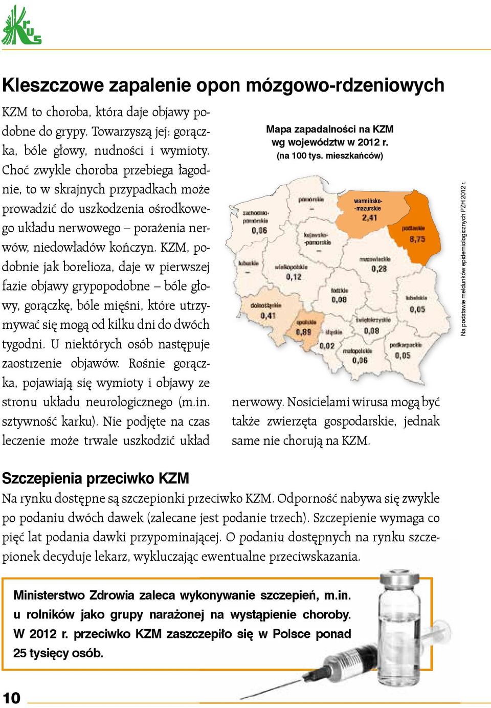 KZM, podobnie jak borelioza, daje w pierwszej fazie objawy grypopodobne bóle głowy, gorączkę, bóle mięśni, które utrzymywać się mogą od kilku dni do dwóch tygodni.
