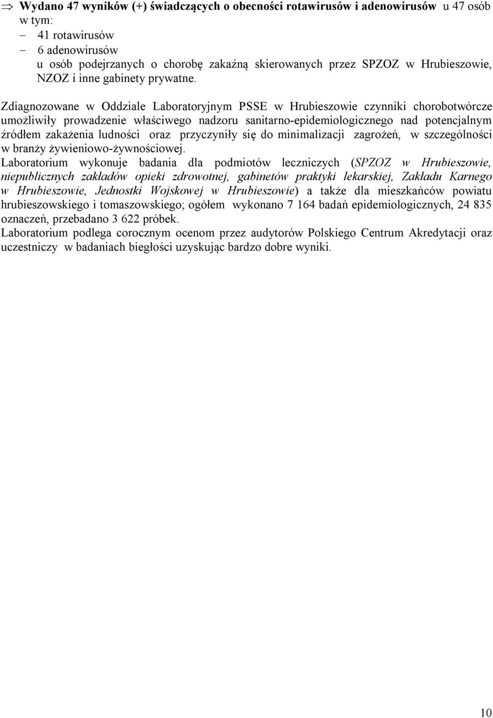 Zdiagnozowane w Oddziale Laboratoryjnym PSSE w Hrubieszowie czynniki chorobotwórcze umożliwiły prowadzenie właściwego nadzoru sanitarno-epidemiologicznego nad potencjalnym źródłem zakażenia ludności