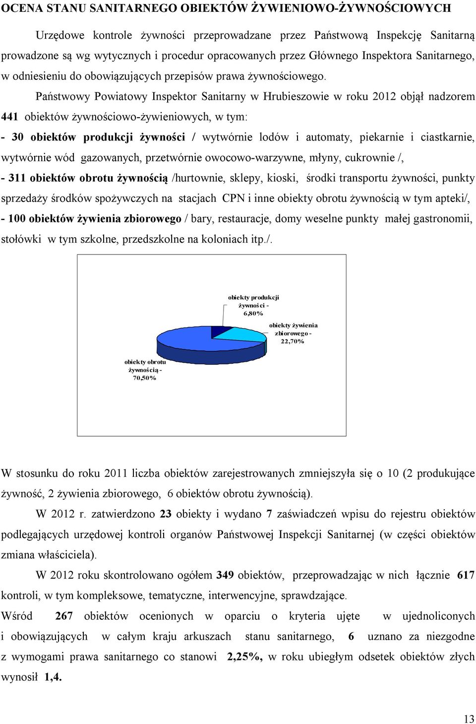 Państwowy Powiatowy Inspektor Sanitarny w Hrubieszowie w roku 2012 objął nadzorem 441 obiektów żywnościowo-żywieniowych, w tym: - 30 obiektów produkcji żywności / wytwórnie lodów i automaty,