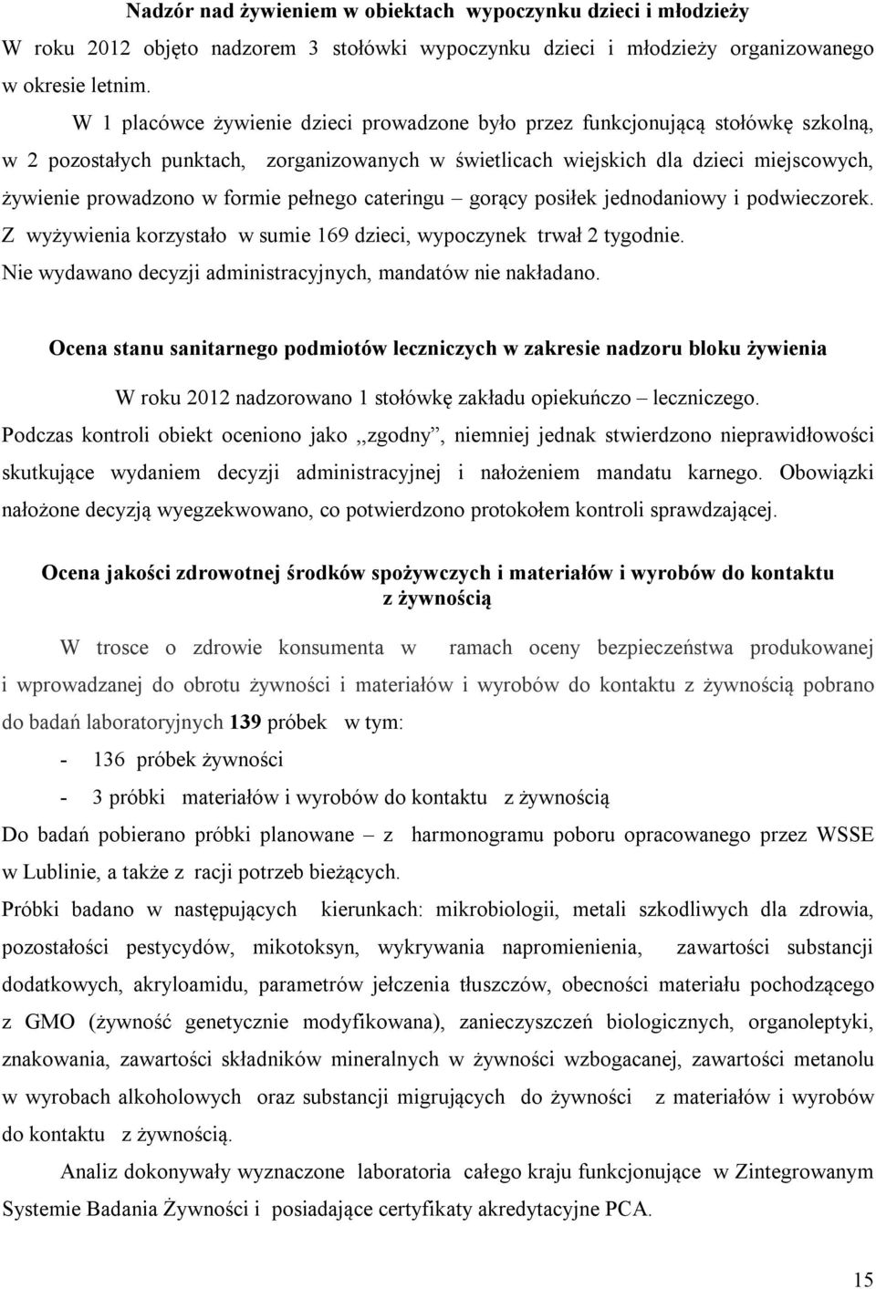 formie pełnego cateringu gorący posiłek jednodaniowy i podwieczorek. Z wyżywienia korzystało w sumie 169 dzieci, wypoczynek trwał 2 tygodnie.