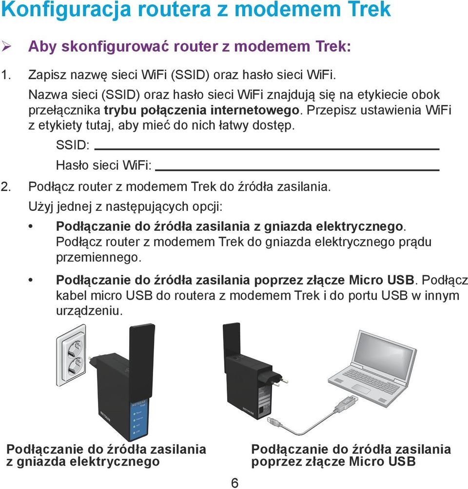 SSID: Hasło sieci WiFi: 2. Podłącz router z modemem Trek do źródła zasilania. Użyj jednej z następujących opcji: Podłączanie do źródła zasilania z gniazda elektrycznego.