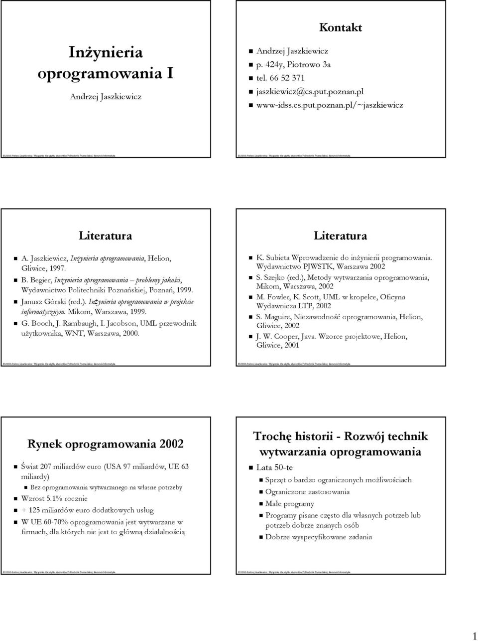 Mikom, Warszawa, 1999. G. Booch, J. Rambaugh, I. Jacobson, UML przewodnik użytkownika, WNT, Warszawa, 2000. Literatura K. Subieta Wprowadzenie do inżynierii programowania.