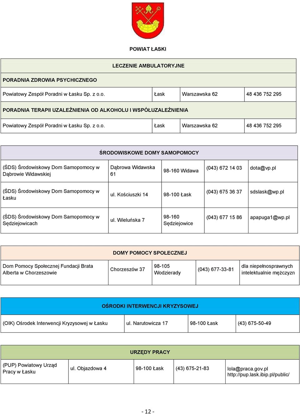 pl Samopomocy w Łasku ul. Kościuszki 14 98-100 Łask (043) 675 36 37 sdslask@wp.pl Samopomocy w Sędziejowicach ul. Wieluńska 7 98-160 Sędziejowice (043) 677 15 86 apapuga1@wp.