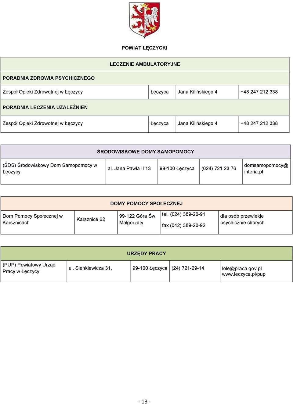 Jana Pawła II 13 99-100 Łęczyca (024) 721 23 76 domsamopomocy@ interia.pl DOMY POMOCY SPOŁECZNEJ Dom Pomocy Społecznej w Karsznicach Karsznice 62 99-122 Góra Św. Małgorzaty tel.