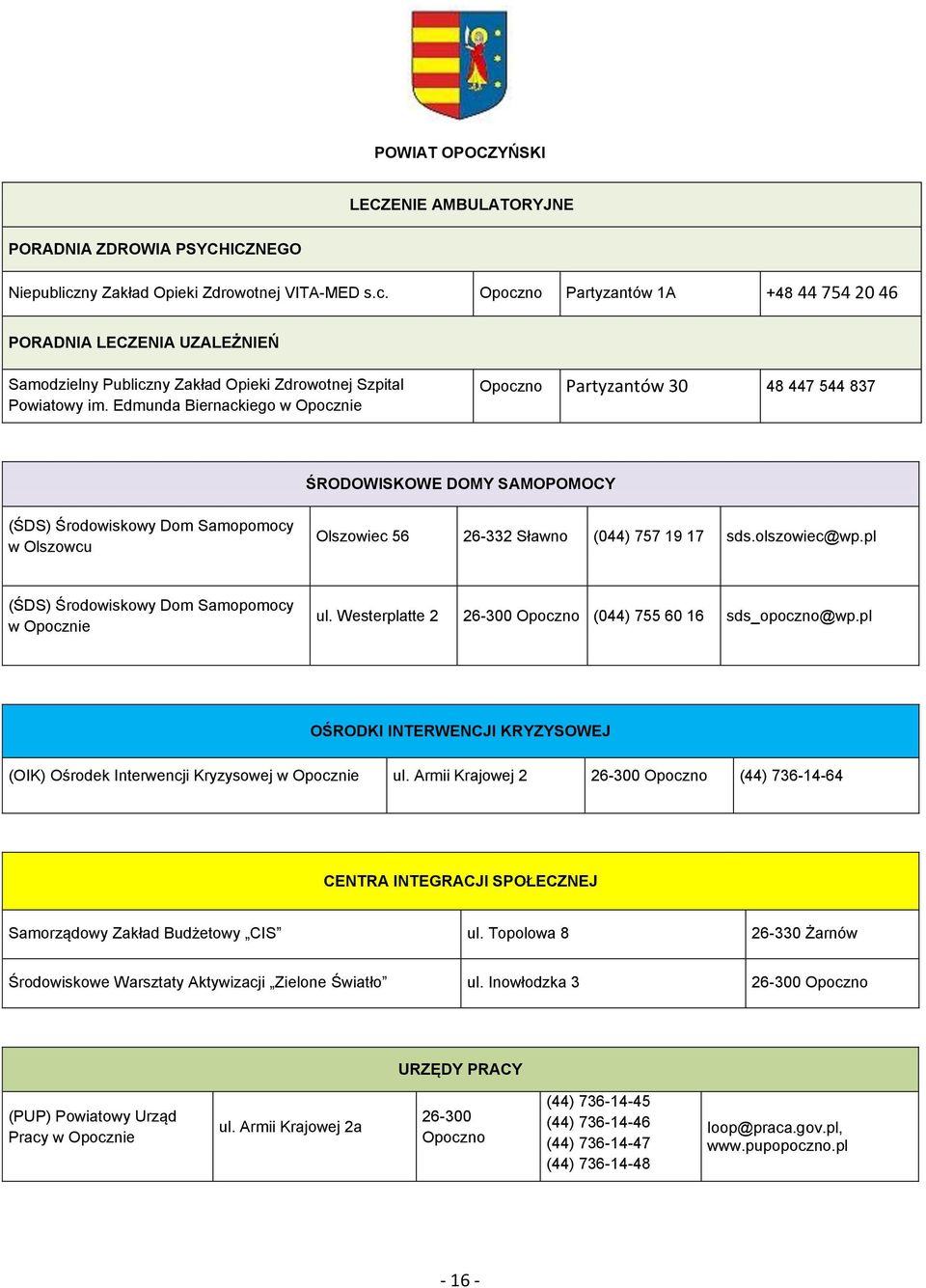 Edmunda Biernackiego w Opocznie Opoczno Partyzantów 30 48 447 544 837 ŚRODOWISKOWE DOMY SAMOPOMOCY Samopomocy w Olszowcu Olszowiec 56 26-332 Sławno (044) 757 19 17 sds.olszowiec@wp.