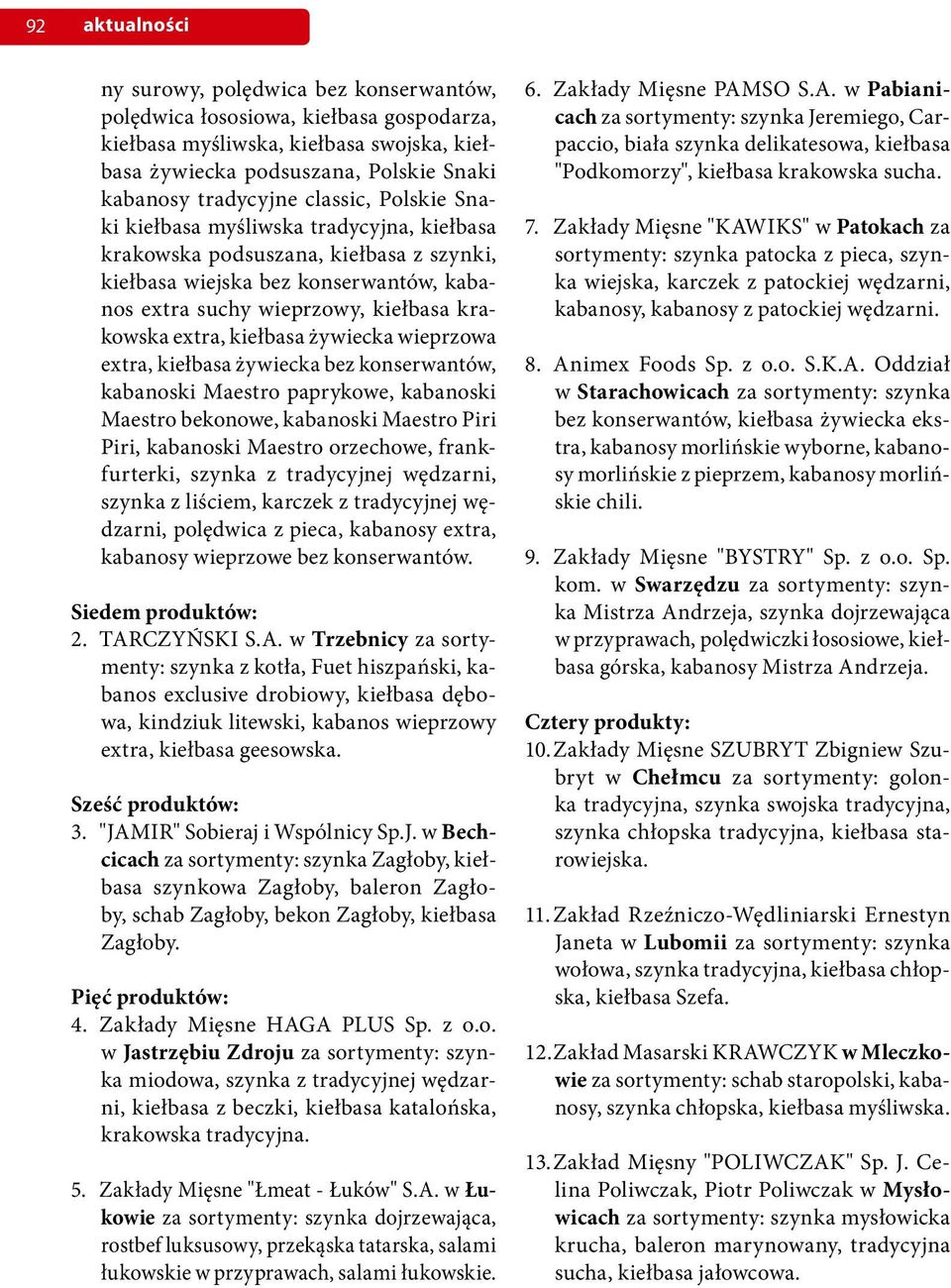żywiecka wieprzowa extra, kiełbasa żywiecka bez konserwantów, kabanoski Maestro paprykowe, kabanoski Maestro bekonowe, kabanoski Maestro Piri Piri, kabanoski Maestro orzechowe, frankfurterki, szynka