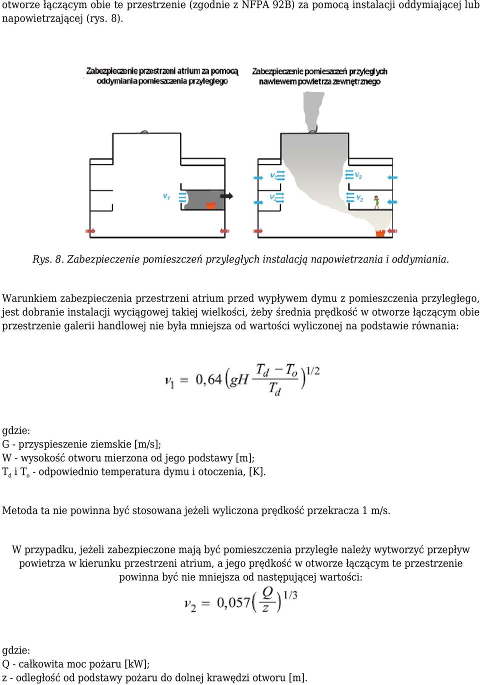 Warunkiem zabezpieczenia przestrzeni atrium przed wypływem dymu z pomieszczenia przyległego, jest dobranie instalacji wyciągowej takiej wielkości, żeby średnia prędkość w otworze łączącym obie