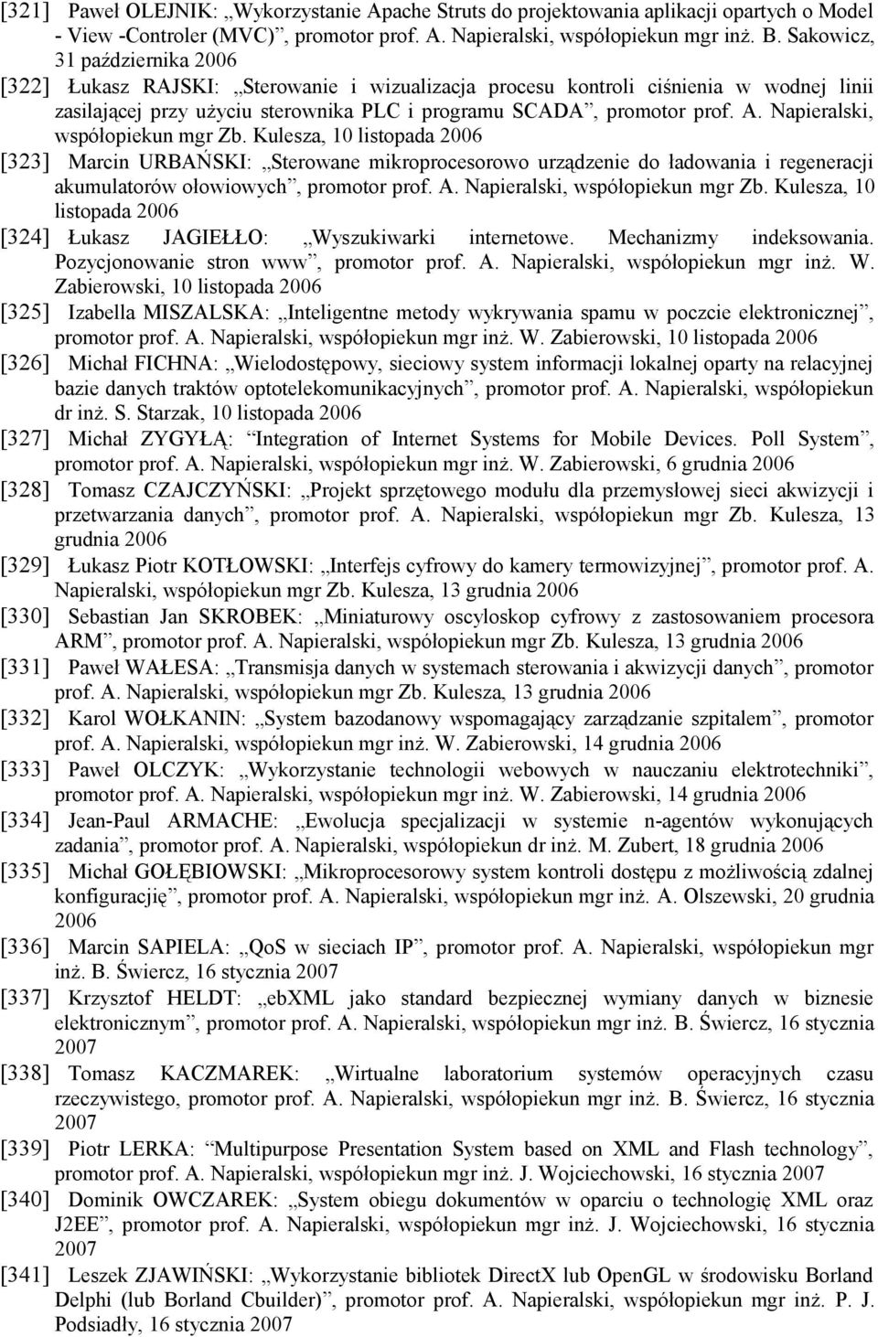 Napieralski, współopiekun mgr Zb. Kulesza, 10 listopada 2006 [323] Marcin URBAŃSKI: Sterowane mikroprocesorowo urządzenie do ładowania i regeneracji akumulatorów ołowiowych, promotor prof. A.