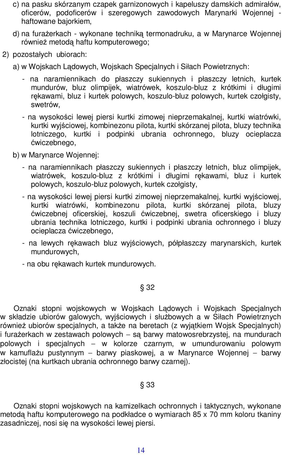 sukiennych i płaszczy letnich, kurtek mundurów, bluz olimpijek, wiatrówek, koszulo-bluz z krótkimi i długimi rkawami, bluz i kurtek polowych, koszulo-bluz polowych, kurtek czołgisty, swetrów, - na