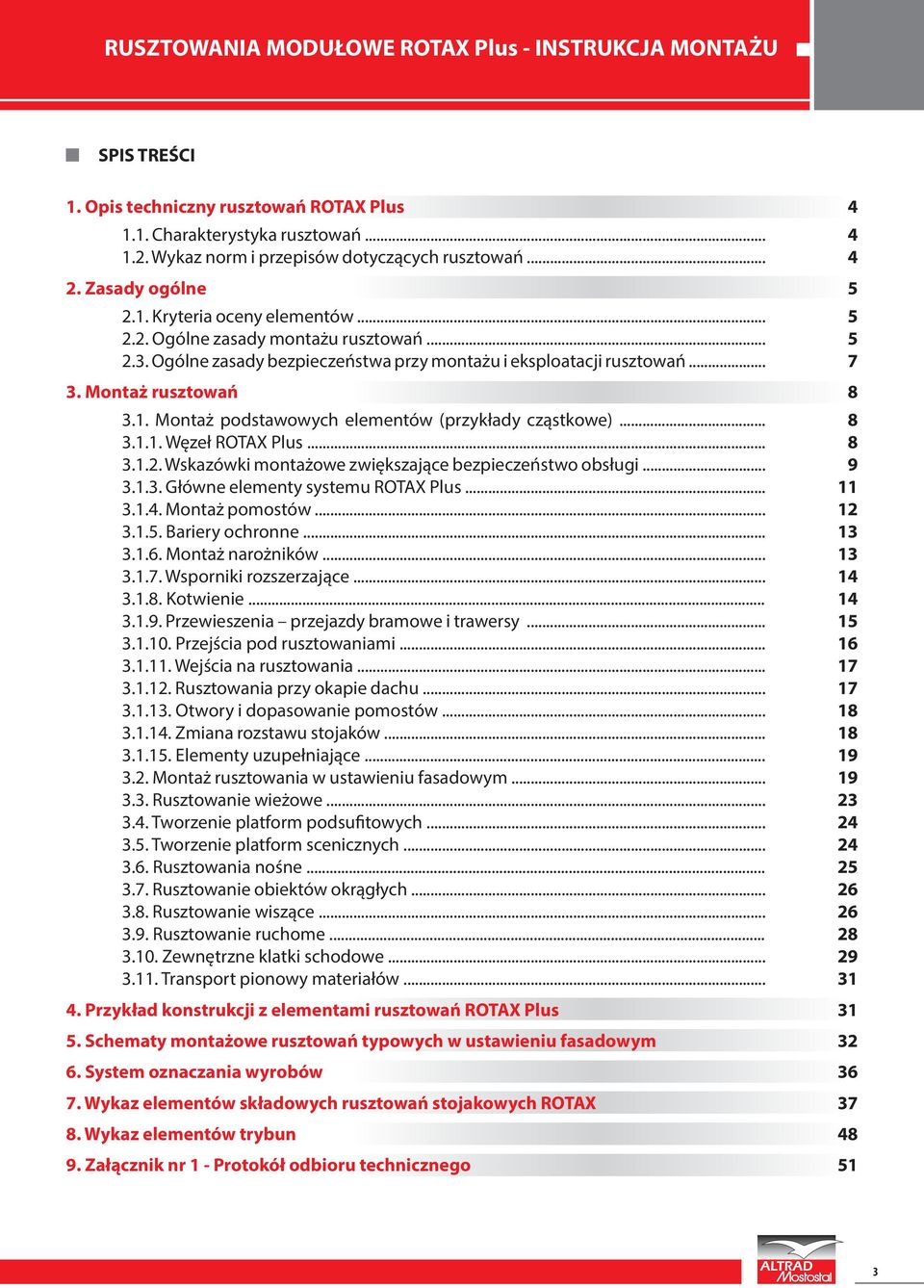 .. 3.1.3. Główne elementy systemu ROTAX Plus... 3.1.4. Montaż pomostów... 3.1.5. Bariery ochronne... 3.1.6. Montaż narożników... 3.1.7. Wsporniki rozszerzające... 3.1.8. Kotwienie... 3.1.9.