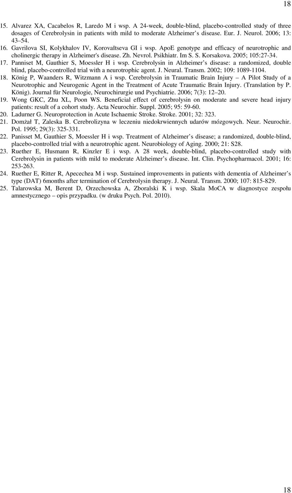 S. Korsakova. 2005; 105:27-34. 17. Panniset M, Gauthier S, Moessler H i wsp. Cerebrolysin in Alzheimer s disease: a randomized, double blind, placebo-controlled trial with a neurotrophic agent. J.