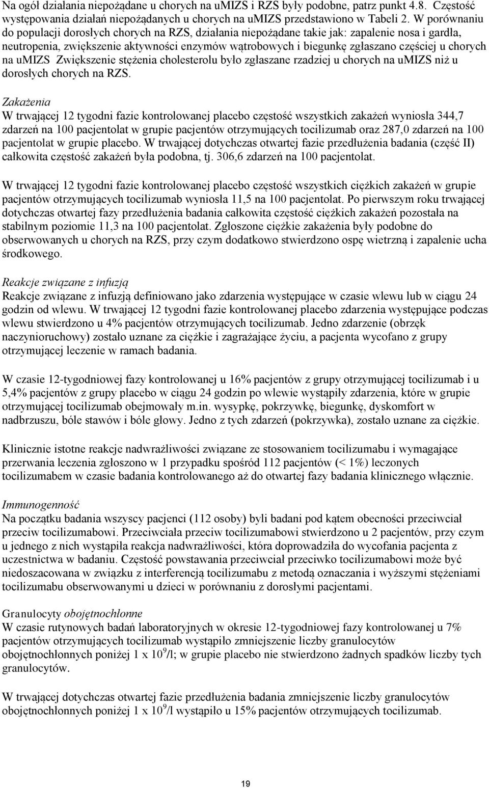 chorych na umizs Zwiększenie stężenia cholesterolu było zgłaszane rzadziej u chorych na umizs niż u dorosłych chorych na RZS.