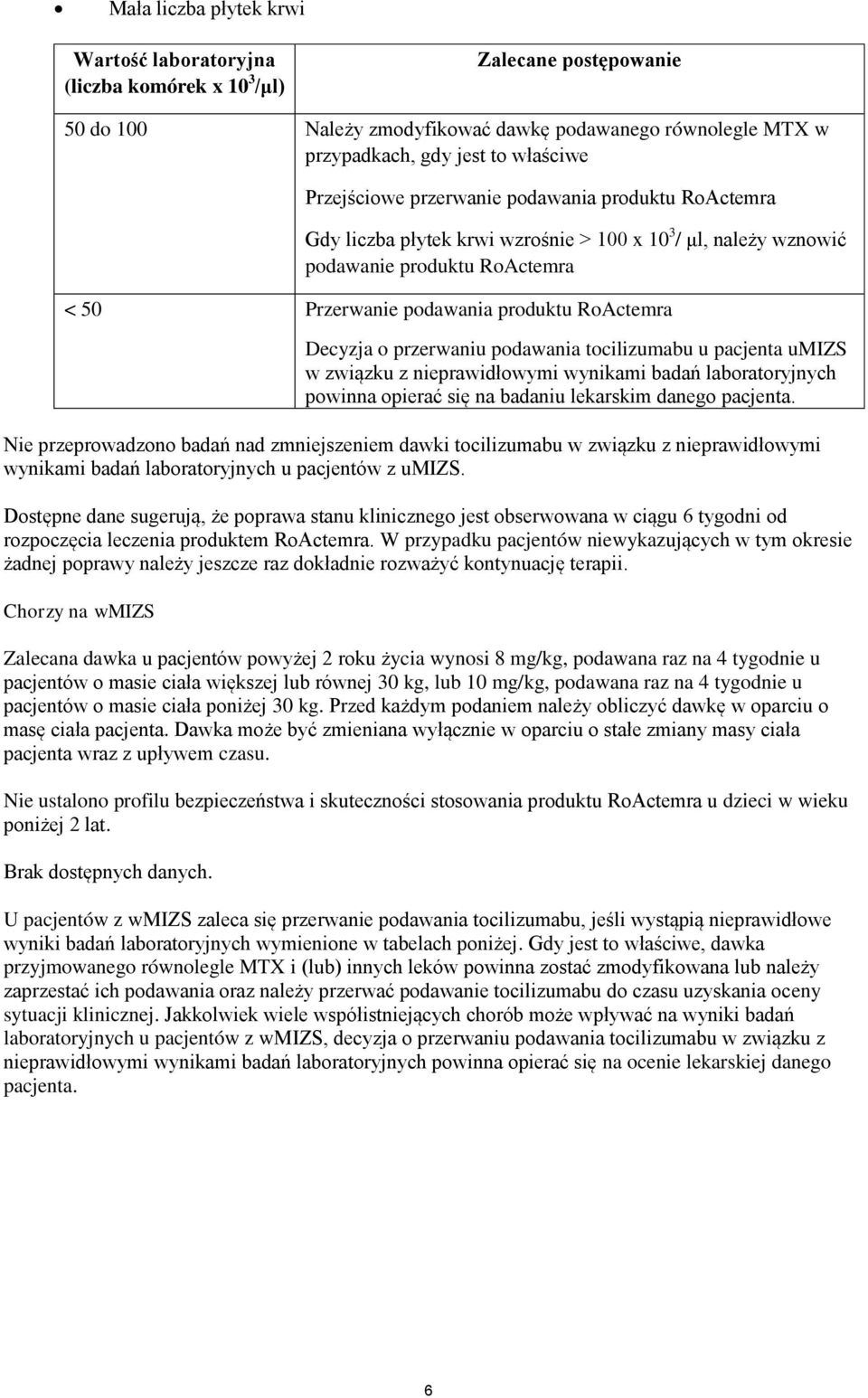 o przerwaniu podawania tocilizumabu u pacjenta umizs w związku z nieprawidłowymi wynikami badań laboratoryjnych powinna opierać się na badaniu lekarskim danego pacjenta.