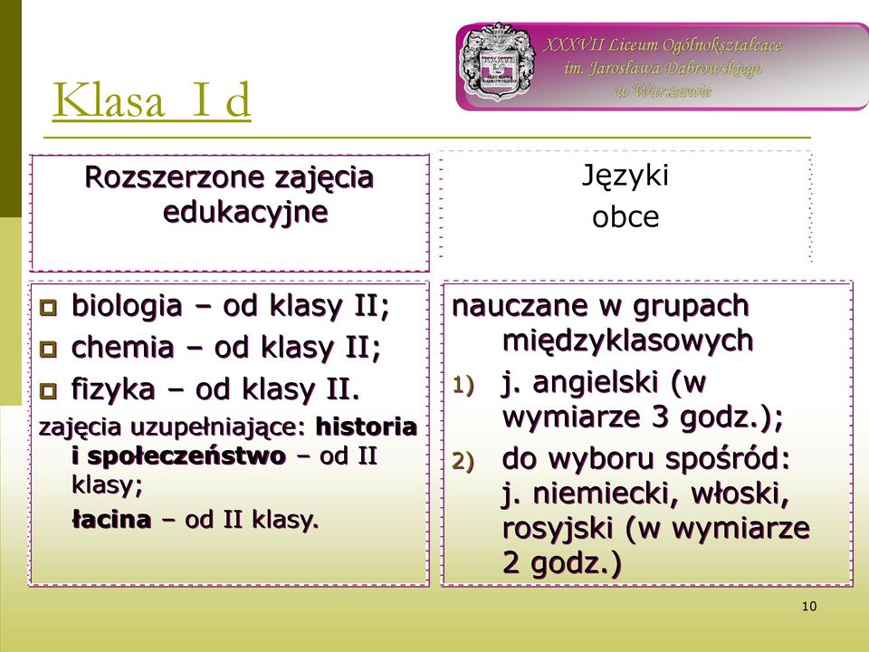 zajęcia uzupełniające: historia i społeczeństwo od II klasy; łacina od II klasy.