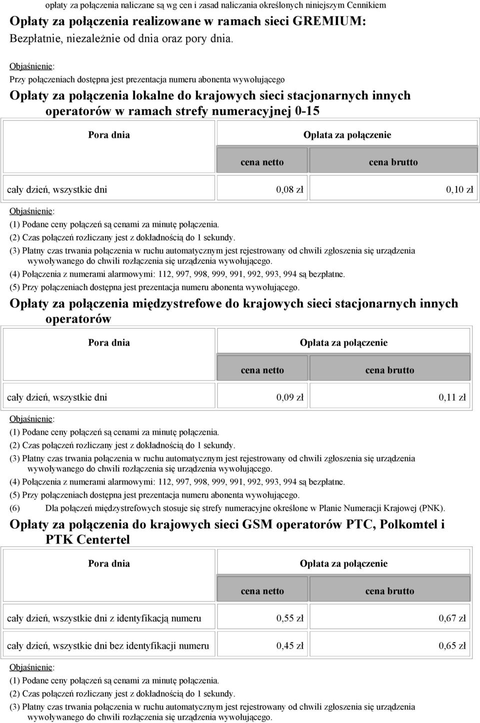 cały dzień, wszystkie dni 0,08 zł 0,10 zł (4) Połączenia z numerami alarmowymi: 112, 997, 998, 999, 991, 992, 993, 994 są bezpłatne.