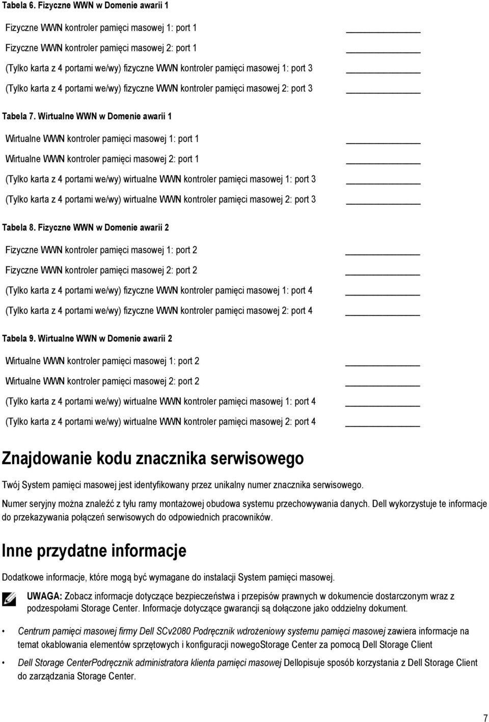 masowej 1: port 3 (Tylko karta z 4 portami we/wy) fizyczne WWN kontroler pamięci masowej 2: port 3 Tabela 7.