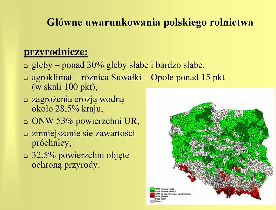 100 pkt), zagrożenia erozją wodną około 28,5% kraju, ONW 53% powierzchni UR,