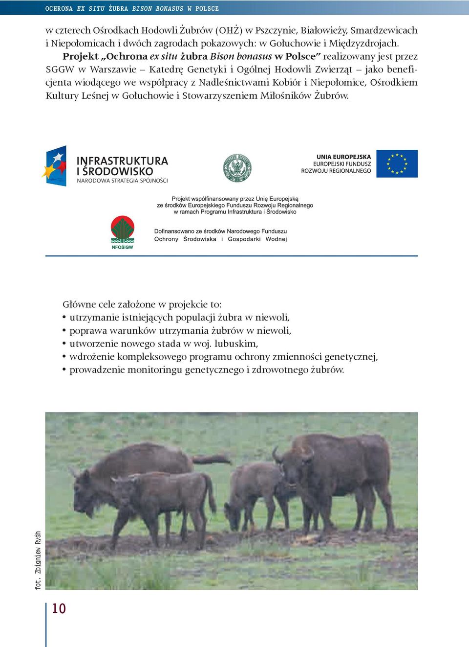 Projekt Ochrona ex situ żubra Bison bonasus w Polsce realizowany jest przez SGGW w Warszawie Katedrę Genetyki i Ogólnej Hodowli Zwierząt jako beneficjenta wiodącego we współpracy z Nadleśnictwami