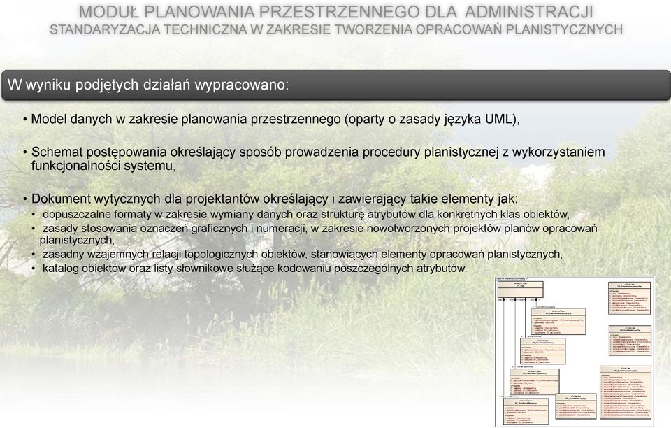 określający i zawierający takie elementy jak: dopuszczalne formaty w zakresie wymiany danych oraz strukturę atrybutów dla konkretnych klas obiektów, zasady stosowania oznaczeń graficznych i