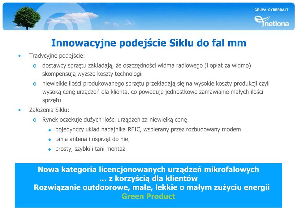 ilości sprzętu Założenia Siklu: o Rynek oczekuje dużych ilości urządzeń za niewielką cenę pojedynczy układ nadajnika RFIC, wspierany przez rozbudowany modem tania antena i osprzęt