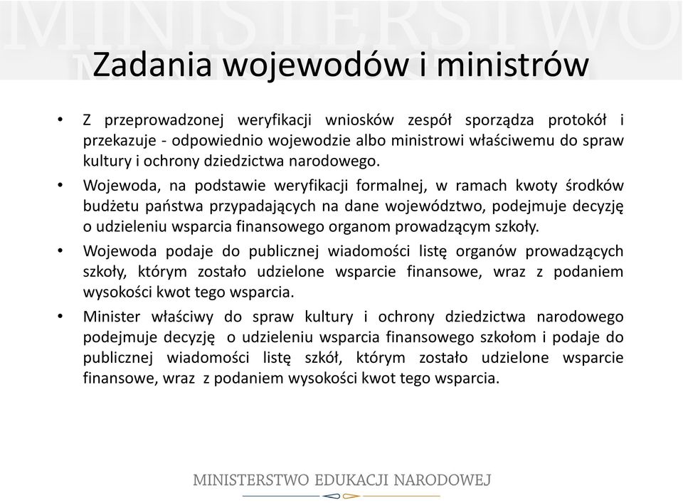 Wojewoda, na podstawie weryfikacji formalnej, w ramach kwoty środków budżetu państwa przypadających na dane województwo, podejmuje decyzję o udzieleniu wsparcia finansowego organom prowadzącym szkoły.