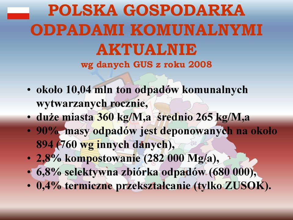 masy odpadów jest deponowanych na około 894 (760 wg innych danych), 2,8% kompostowanie (282