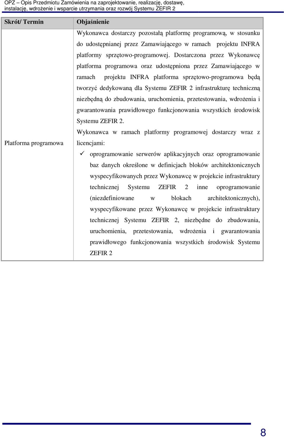 Dostarczona przez Wykonawcę platforma programowa oraz udostępniona przez Zamawiającego w ramach projektu INFRA platforma sprzętowo-programowa będą tworzyć dedykowaną dla Systemu ZEFIR 2