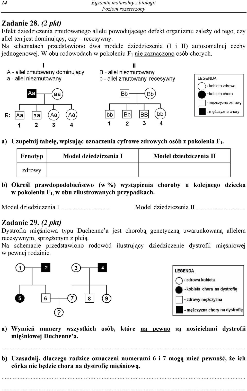 a) Uzupełnij tabelę, wpisując oznaczenia cyfrowe zdrowych osób z pokolenia F 1.