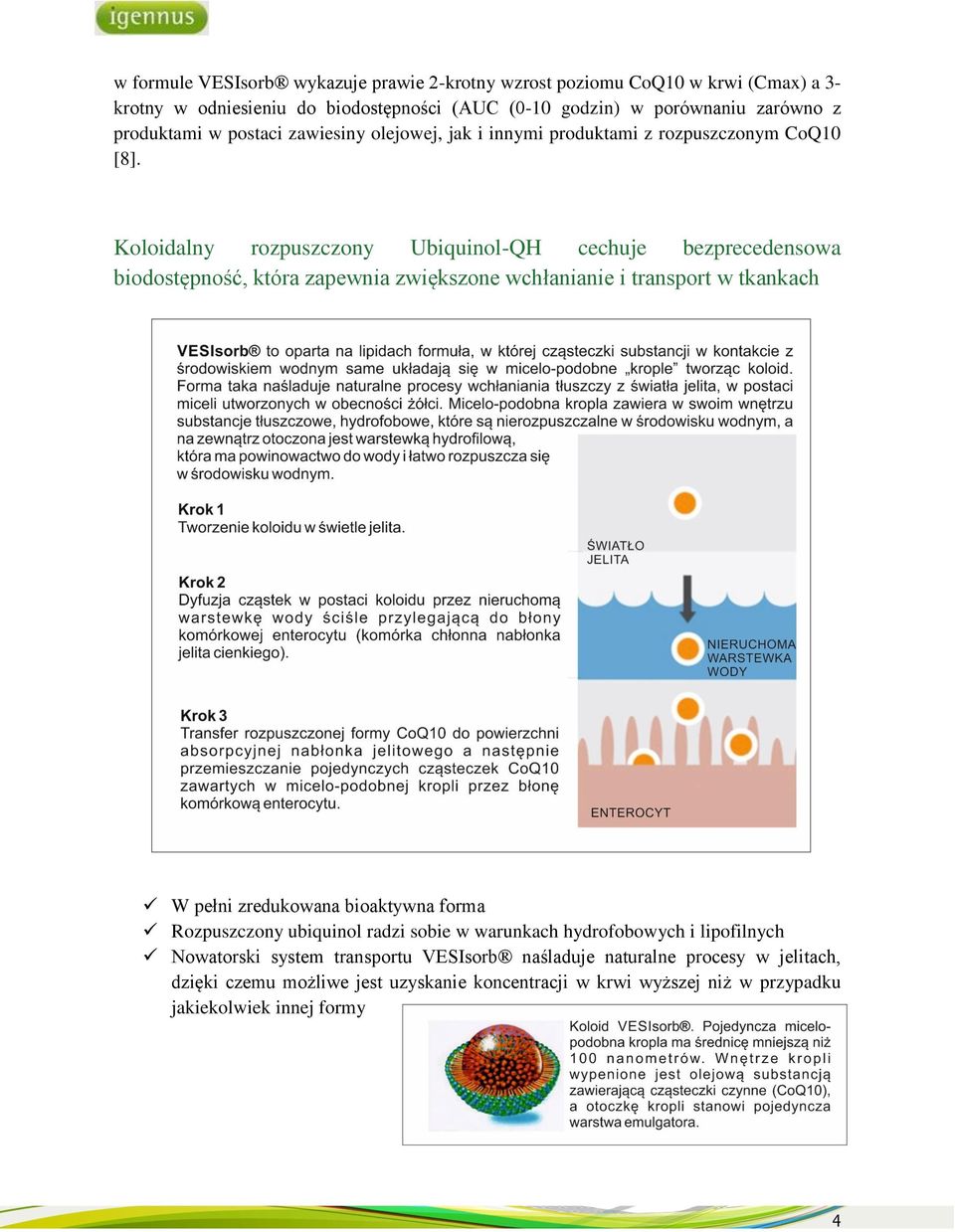 Koloidalny rozpuszczony Ubiquinol-QH cechuje bezprecedensowa biodostępność, która zapewnia zwiększone wchłanianie i transport w tkankach W pełni zredukowana bioaktywna
