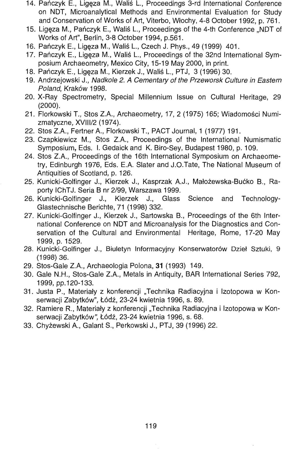 15. Ligęza M., Pańczyk E., Waliś L, Proceedings of the 4-th Conference NDT of Works of Art", Berlin, 3-8 October 1994, p.561. 16. Pańczyk E., Ligęza M., Waliś L, Czech J. Phys., 49 (1999) 401. 17.