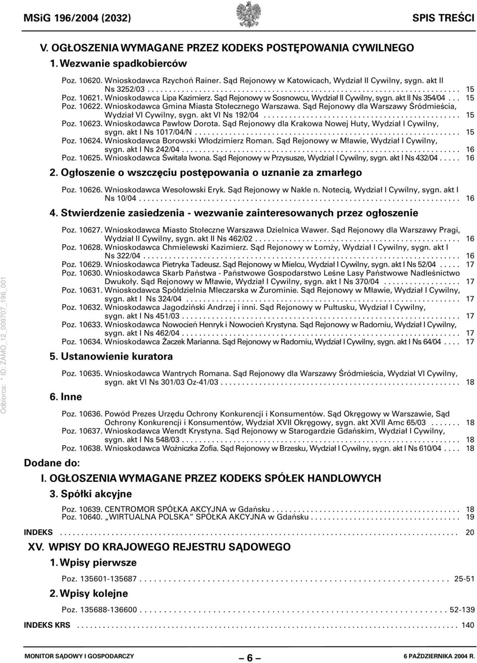 Sąd Rejonowy w Sosnowcu, Wydział II Cywilny, sygn. akt II Ns 354/04... 15 Poz. 10622. Wnioskodawca Gmina Miasta Stołecznego Warszawa. Sąd Rejonowy dla Warszawy Śródmieścia, Wydział VI Cywilny, sygn.