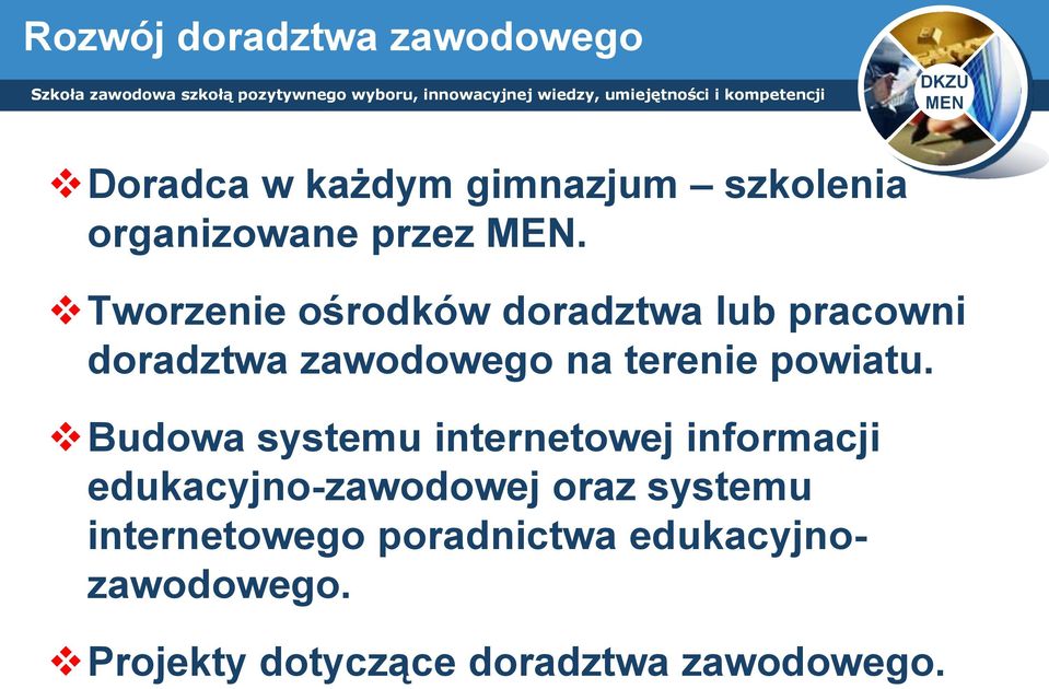 Tworzenie ośrodków doradztwa lub pracowni doradztwa zawodowego na terenie powiatu.