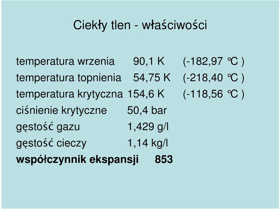 krytyczna 154,6 K (-118,56 C ) ciśnienie krytyczne 50,4 bar