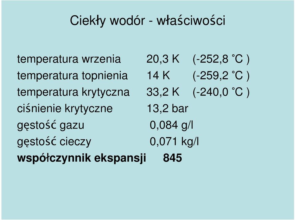 krytyczna 33,2 K (-240,0 C ) ciśnienie krytyczne 13,2 bar